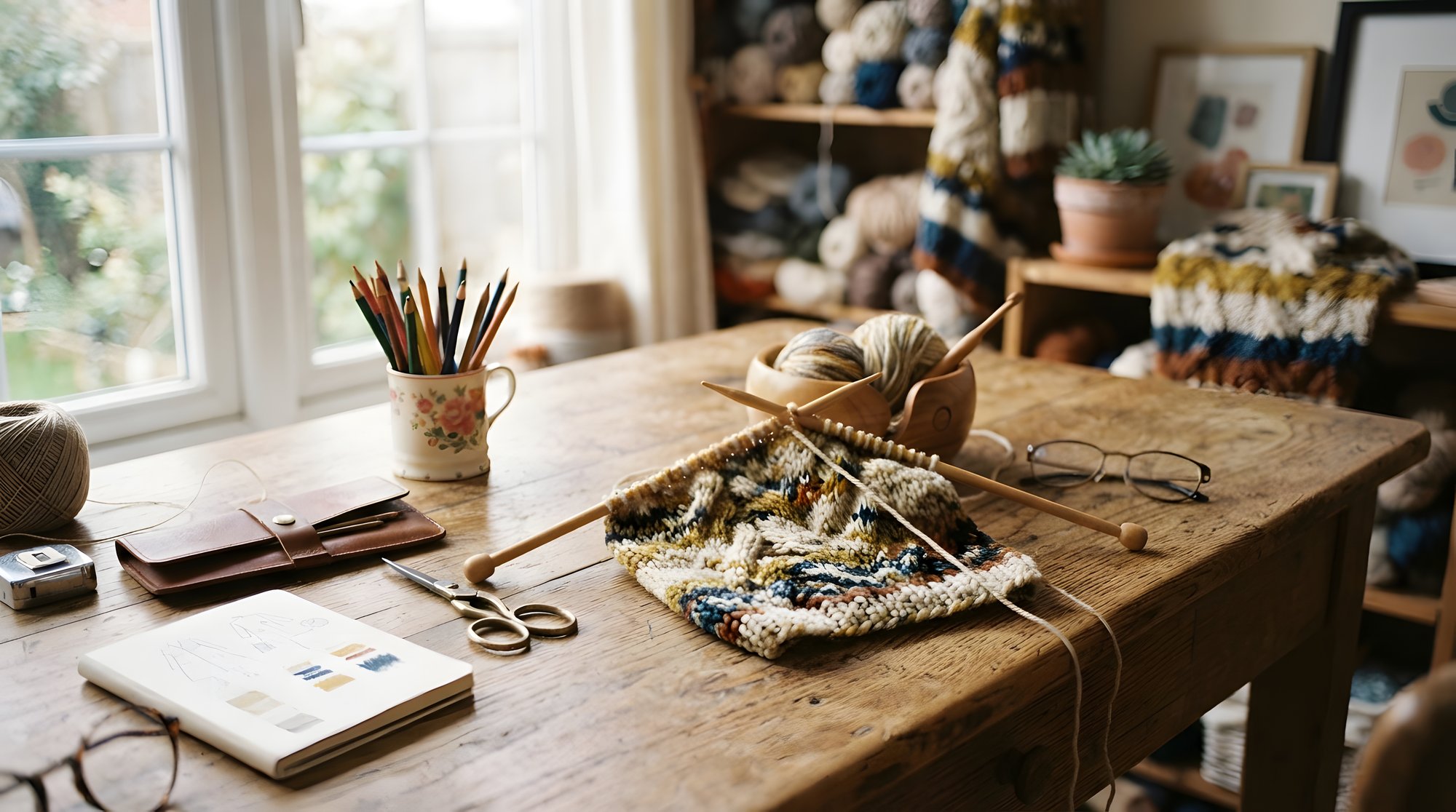 Atelier di ricamo con luce calda e materiali